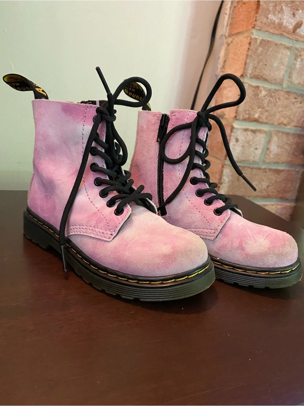 Dr. Martens Pink Suede Kids Lace-Up Boots with Black Laces